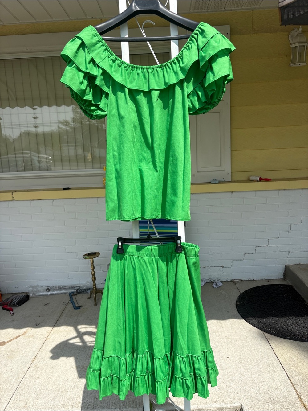 Bright Green Off-Shoulder Ruffle Dress Set